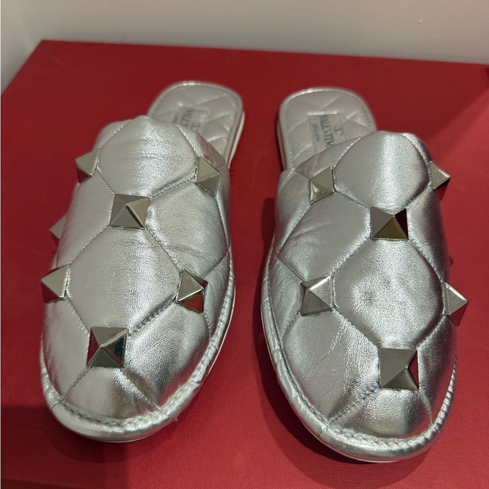 Valentino Garavani Silver Studded Slippers